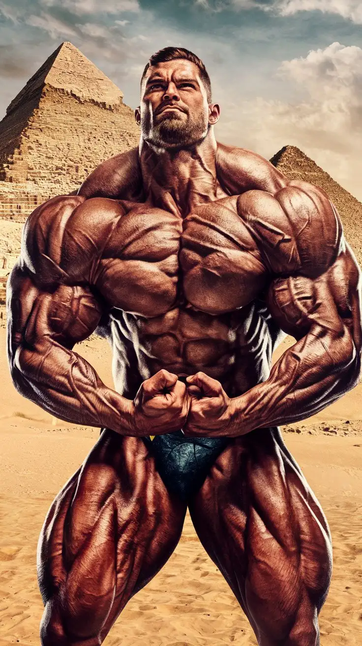Powerfully muscled, hugely ripped, pumped, beardless bodybuilder musclegod reverently receives the powers of the pyramids, becomes a mighty superhero. 24 years old. Photorealistic.