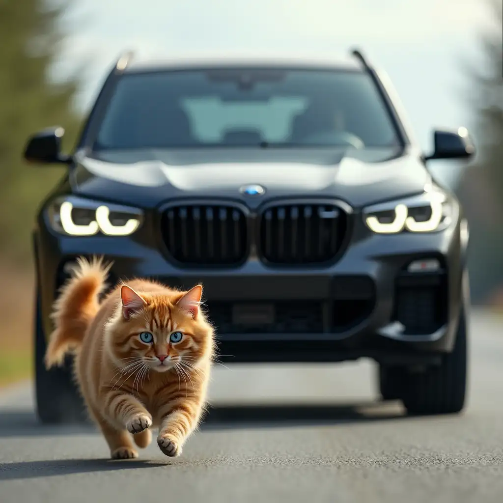 tinted glasses, giant black BMW X5M chases a shaggy ginger cat, who runs in fear along the road, with blue eyes, drawing