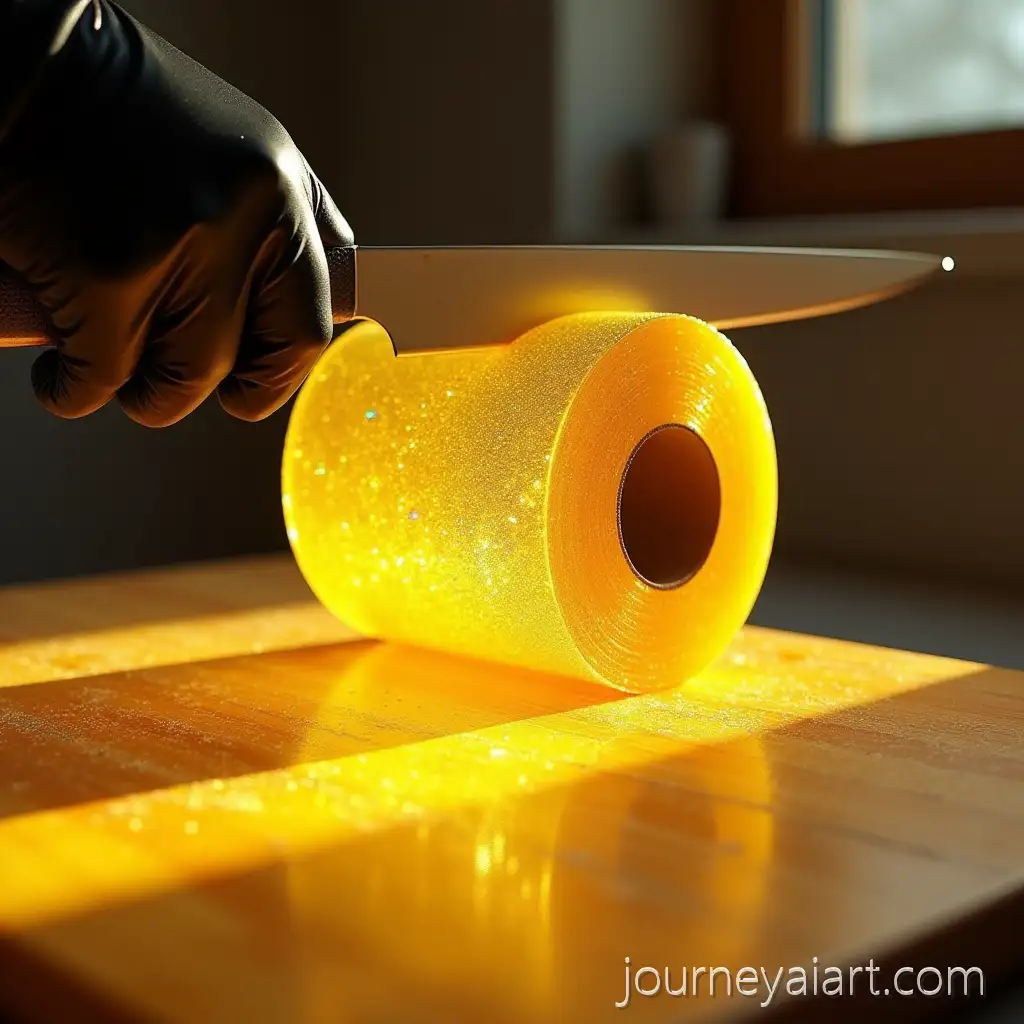 Closeup-ofYellow-glass-sand-toilet-paper-Yellow-Glass-Sand-Toilet-Paper-Roll-with-Dramatic-Lighting-and-Knife-Reflection