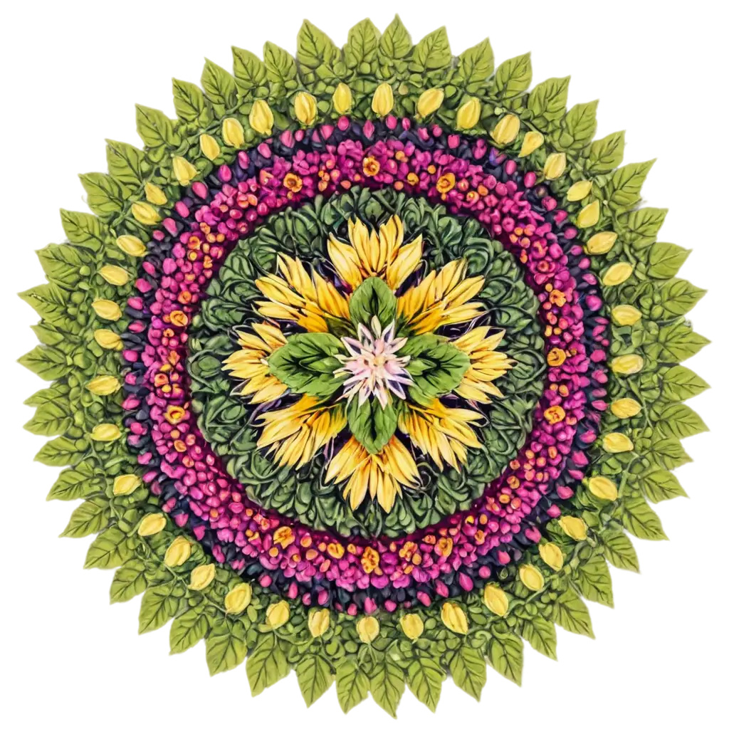 Floral Mandala: A detailed mandala design made entirely of various flowers and leaves, showcasing the intricate patterns found in nature.