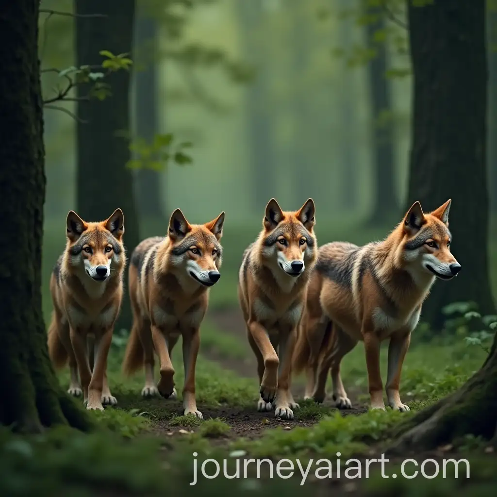Pack-of-Brown-Wolves-Tinted-with-Green-in-the-Woods