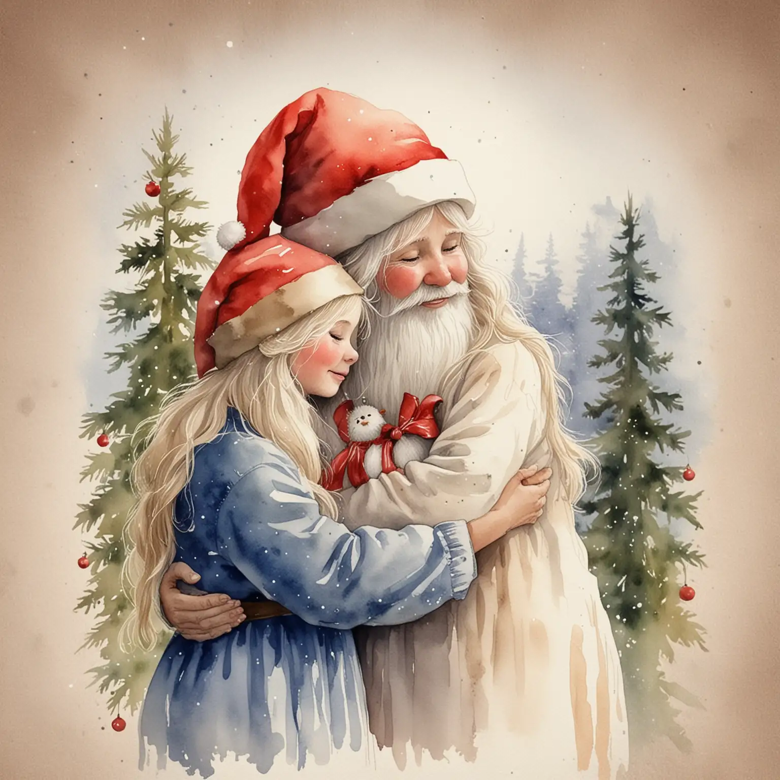 Watercolor Tomte Parents Embracing on Christmas Eve