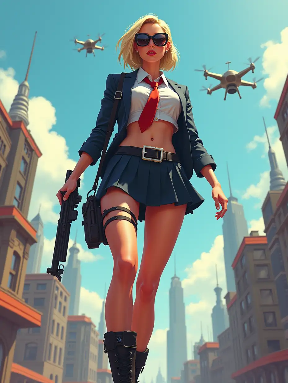 Wide-angle digital painting, (Beautiful woman in stylish school uniform, midriff showing, short skirt, combat boots, and sunglasses with targeting system on one side: 1.3), Triangular composition, Dynamic full-length pose, Confident expression, (Armed mercenary: 1.3), Gun grip, Supporting pose, City background, Skyscrapers in the distance, two small targeting drones above, (Bright sunlight: 1.2), Sharp contrasts, Bold colors, Clear details. female mercenary in cool cyberpunk style in colorful fantasy style, realism, post-apocalyptic landscape, cartel, bald rod, oil painting, rod Nostalgia, strong emotions, low angle, high detail, sharp focus