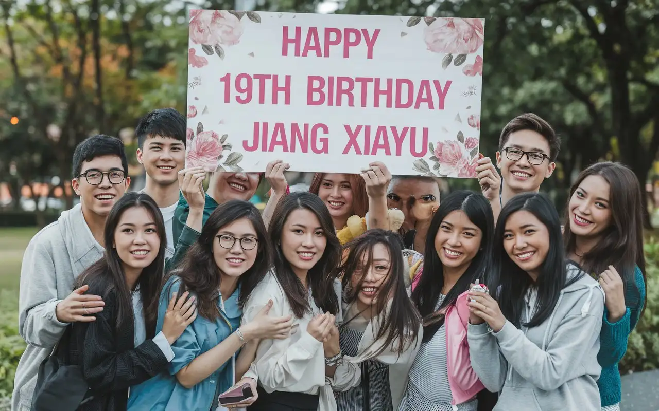 A group of beautiful, handsome Chinese people held up a billboard wishing their best friend Jiang Xiayu a happy birthday. They sincerely wished her a happy 19th birthday.