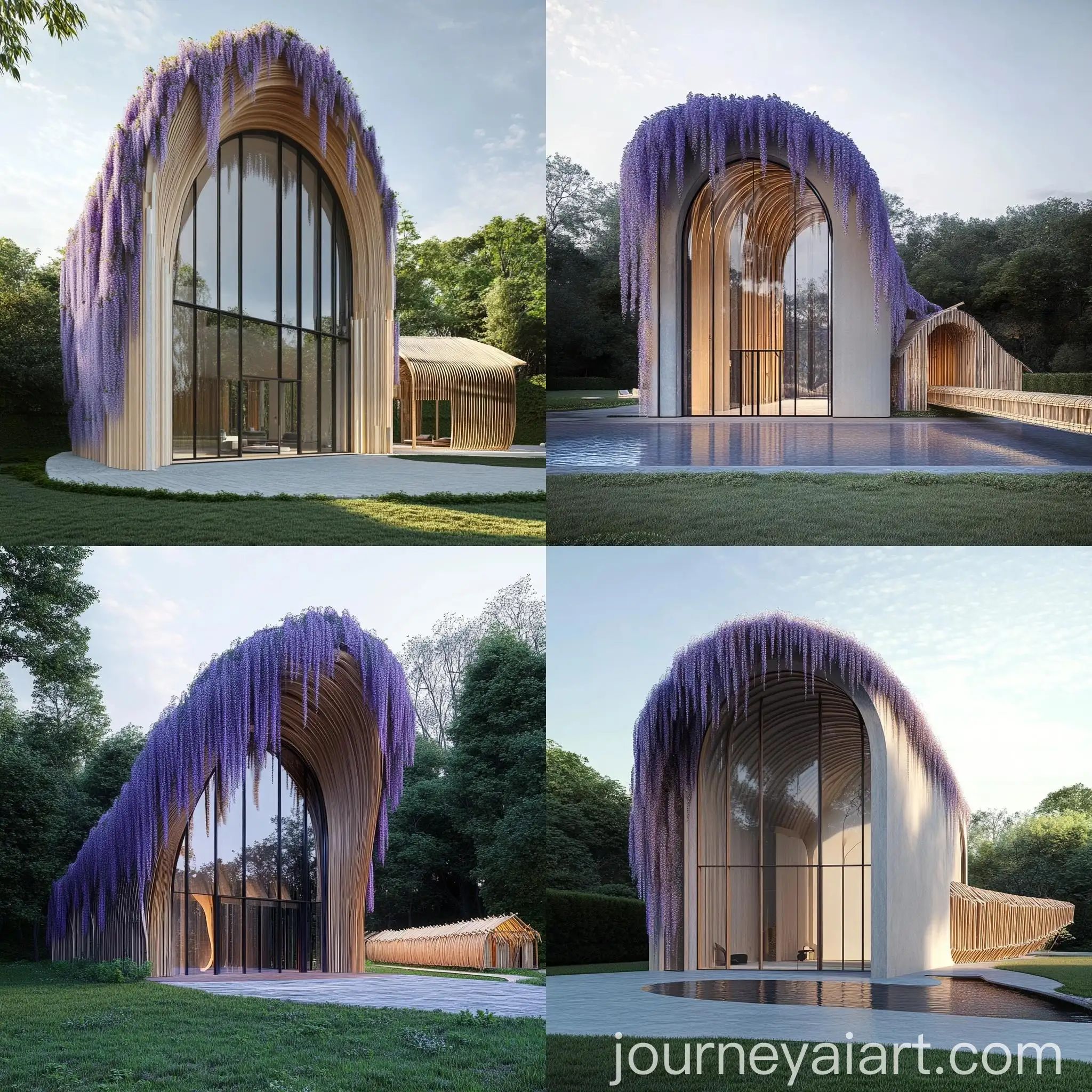 Realistic-Architectural-Render-of-Tall-Arch-Shaped-Building-with-Wisteria-and-Bamboo-House