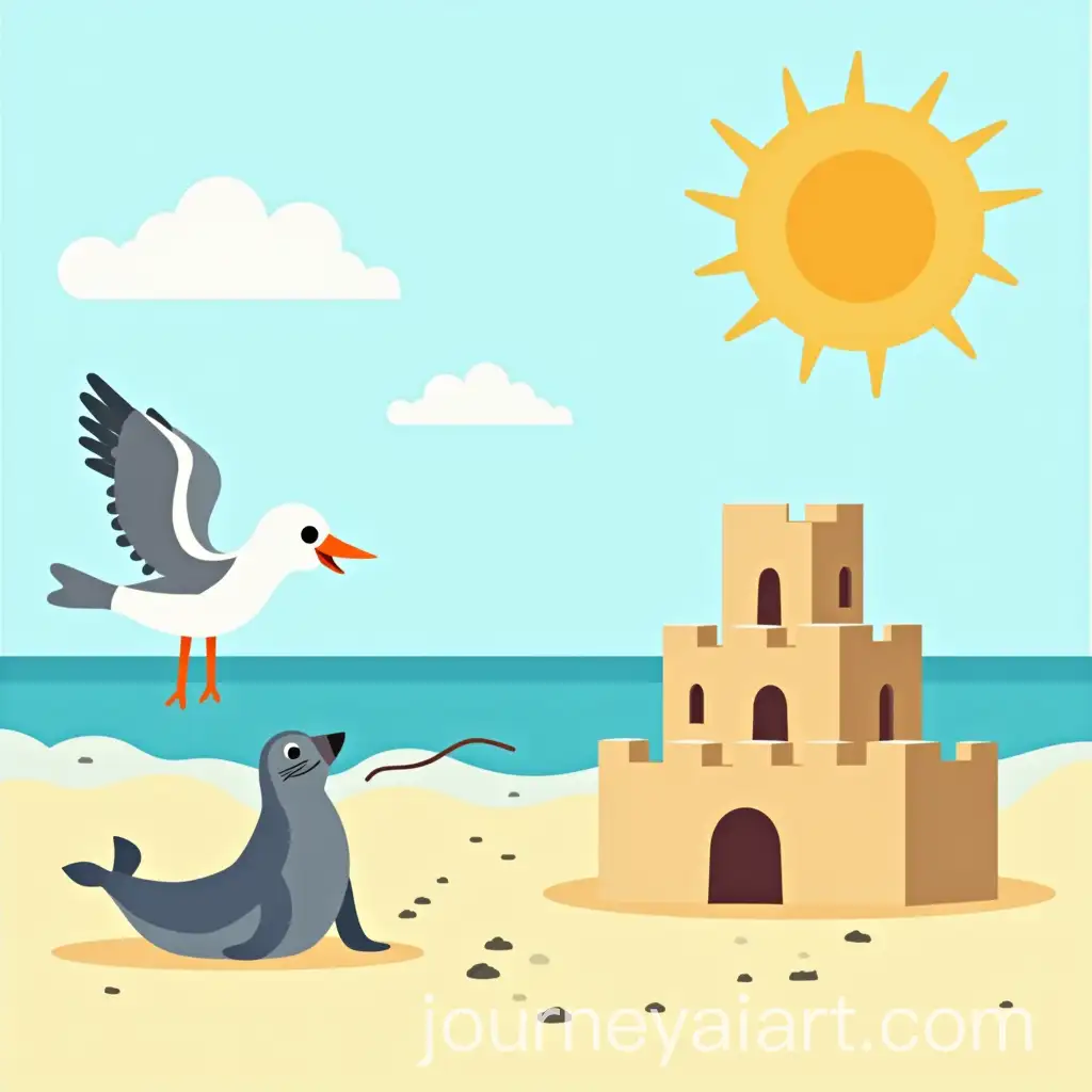Busy-Beach-Scene-with-Seagull-Seal-and-Sandcastle