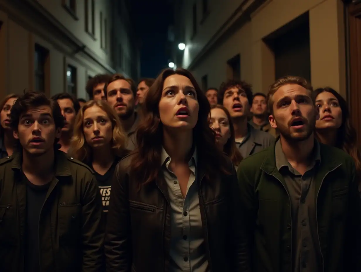 A crowd of people looking astonished, photo realistic, outdoors, in an alleyway, at night.