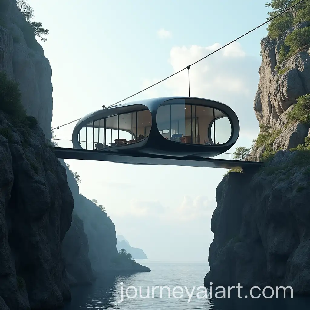 Suspended-Elliptical-House-Between-Cliffs-withAI-Image-Prompt-Expansion-Cable-and-Glass-Surfaces