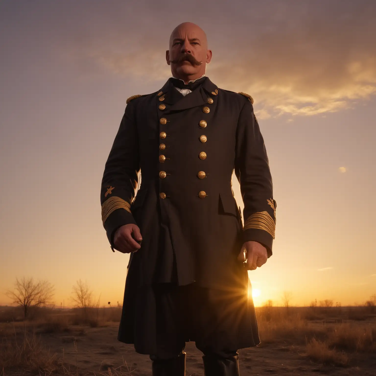 1880s USA Colonel Standing Sternly in Military Coat at Sunset