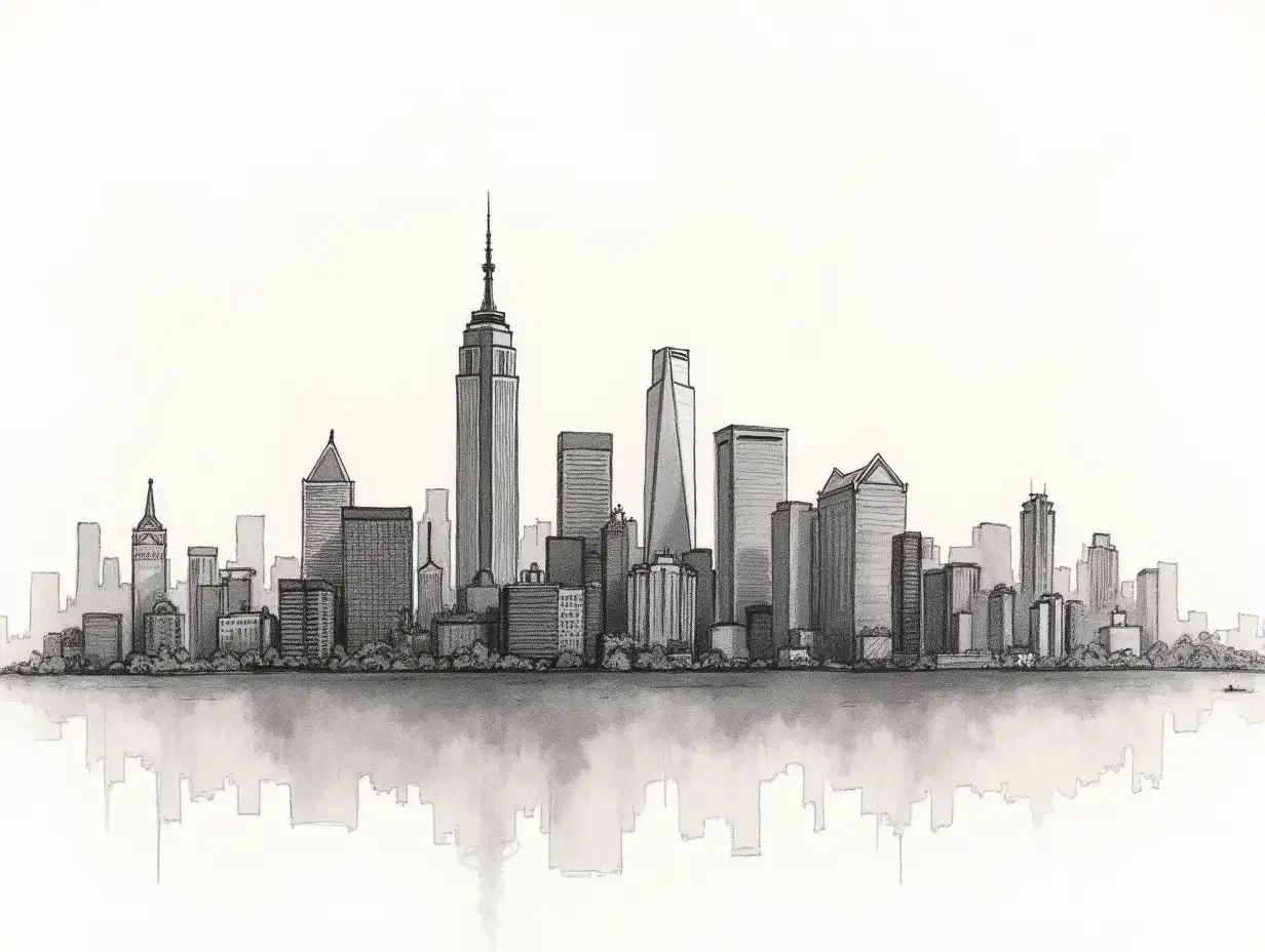 Hand-drawn sketch: City skyline.. Highly realistic, hyper-resolution, ultra-realistic details,8K resolution, natural vibe