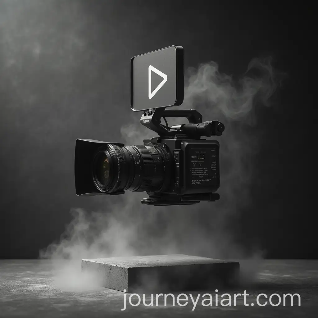 Levitating-Video-Camera-with-Play-Sign-in-Smoke-Against-Dark-Gray-Concrete-Background