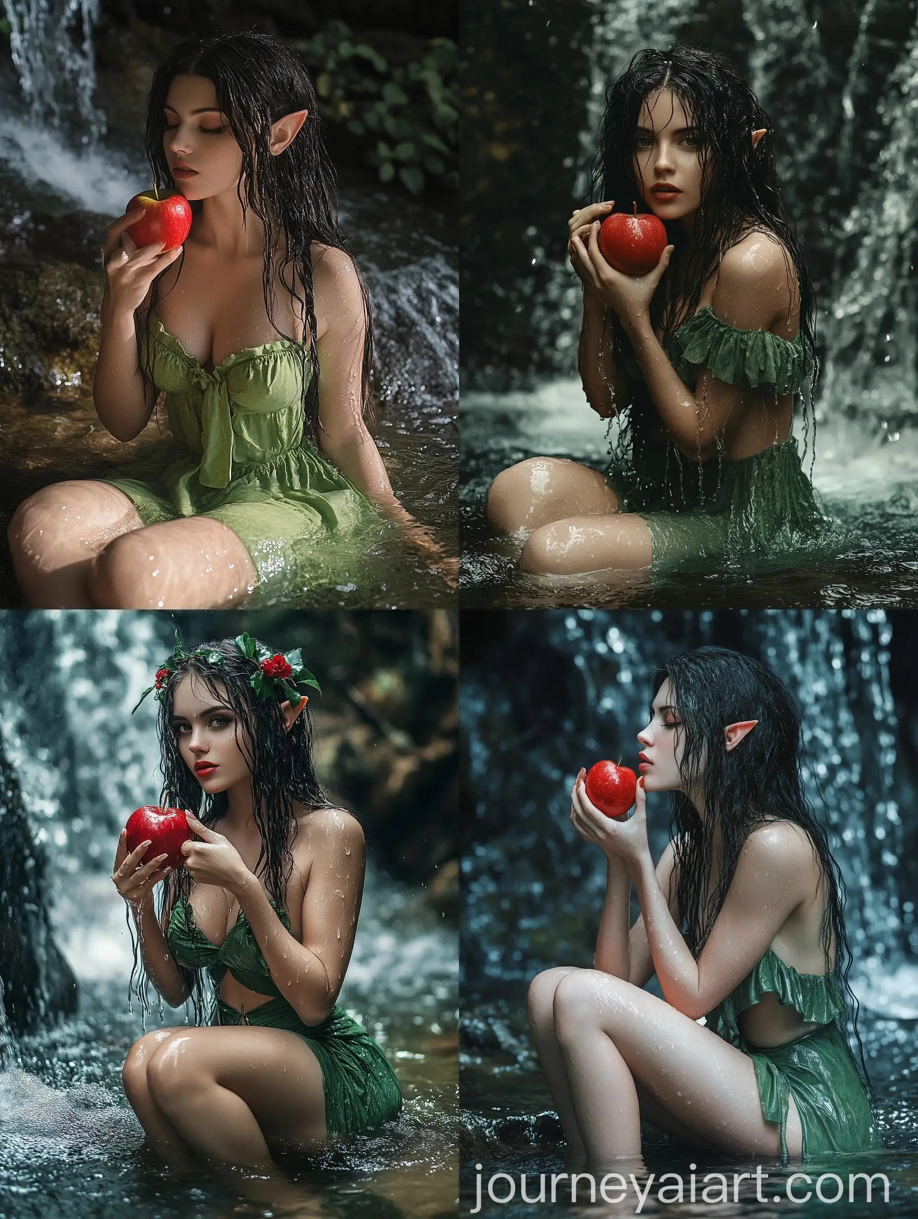 Beautiful-Elf-Woman-in-Green-Summer-Dress-Eating-Red-Apple-by-Waterfall-Lake