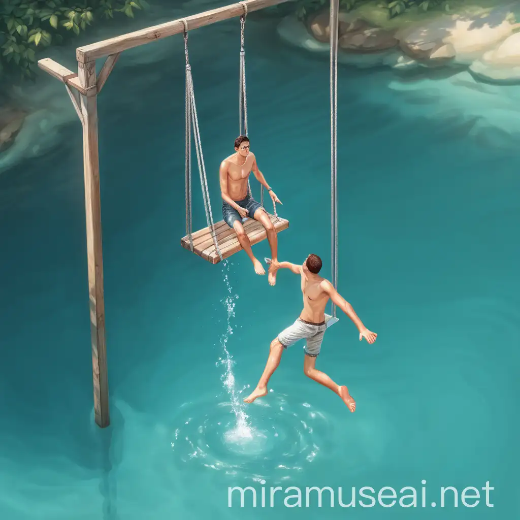 Man Jumping into Clear Water from Floating Swing Platform