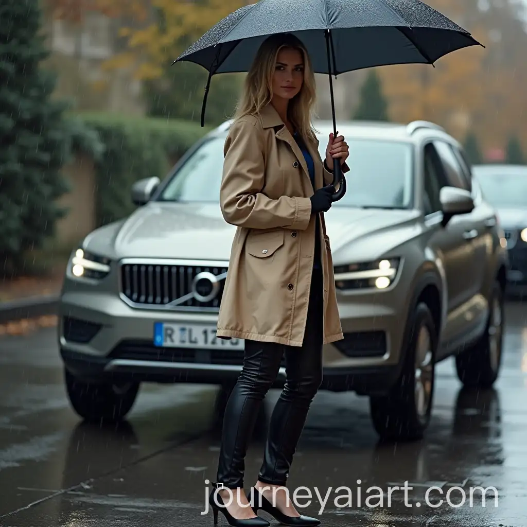 Blonde-Woman-with-Umbrella-in-Beige-Raincoat-and-Leather-Pants-Standing-by-an-SUV-on-a-Rainy-Day