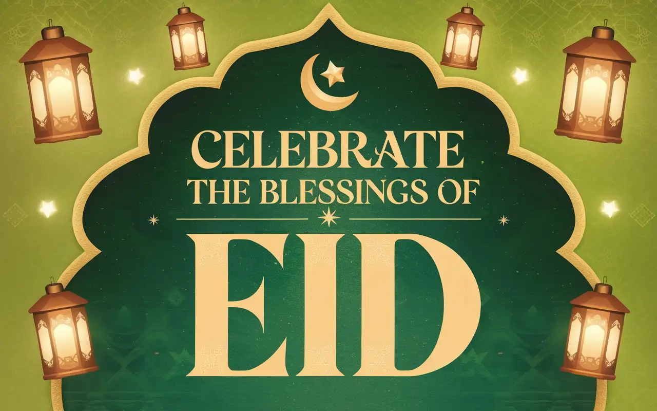 A vibrant poster featuring a crescent moon and star surrounded by glowing lanterns on a rich emerald green background. The text Celebrate the Blessings of Eid is displayed in bold, artistic font with subtle geometric patterns enhancing the layout.