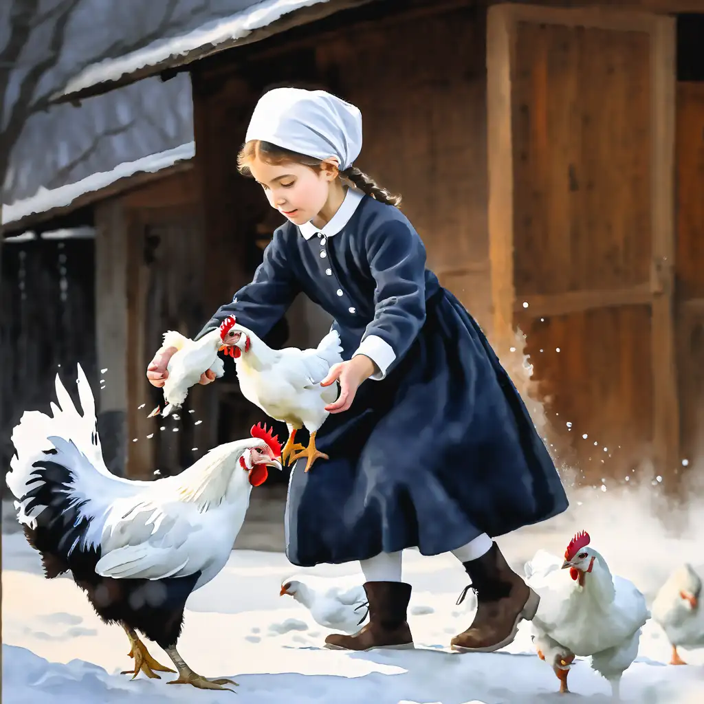 Amish Winter Whimsy Young Girl Toss Chicken to Flock