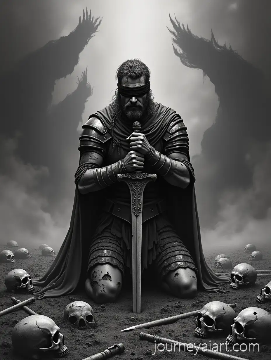 Blindfolded-Warrior-Kneeling-in-DevAI-Image-Prompt-Expansionastated-Field-with-Flaming-Abyss-and-Demonic-Shapes