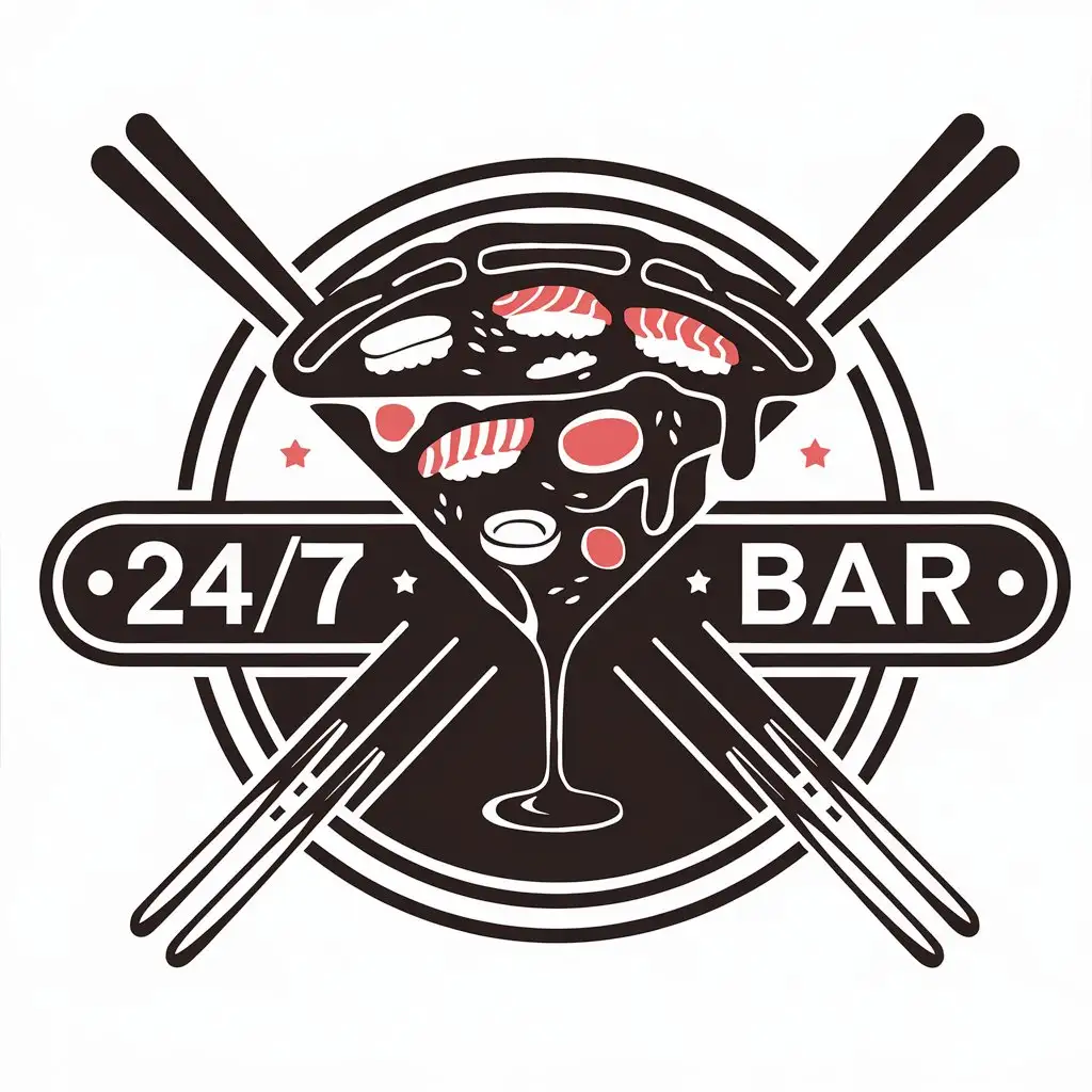 a vector logo design,with the text "24/7 bar", main symbol:Sushi Pizza Cocktails,complex,be used in Restaurant industry,clear background