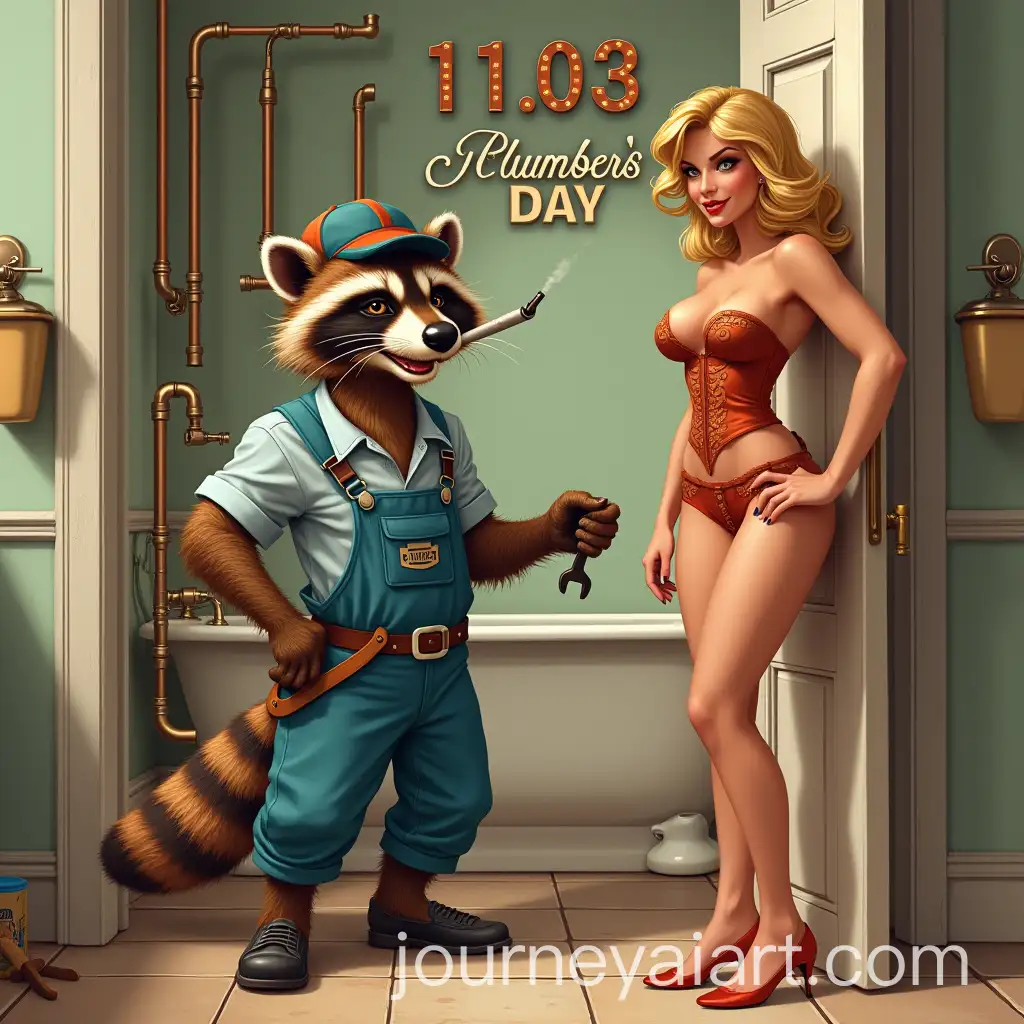 Mischievous-Raccoon-Plumber-and-Seductive-Woman-in-Retro-Bathroom