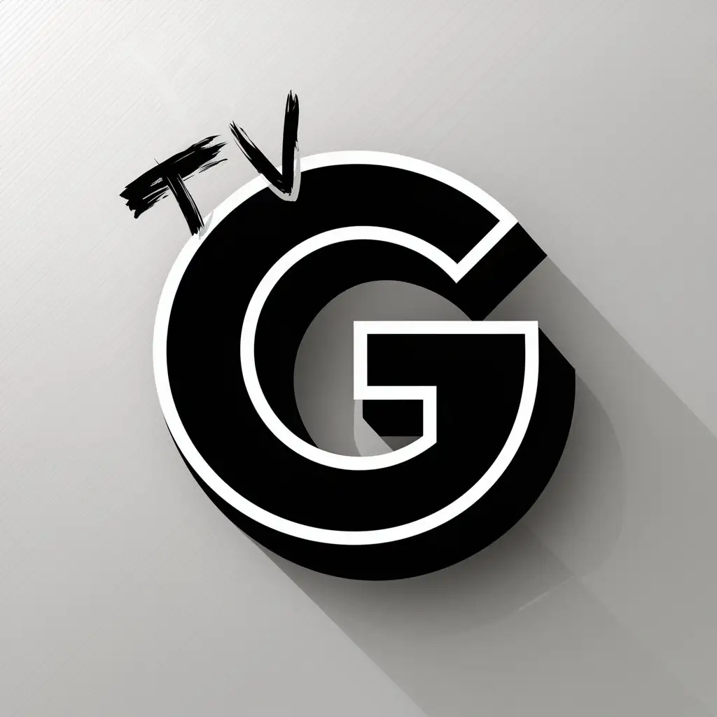 a vector logo design,with the text "G tv", main symbol:Black background, large white 3D letter G. 2 little letters TV, drawn with a brush, are located on the first letter,complex,clear background