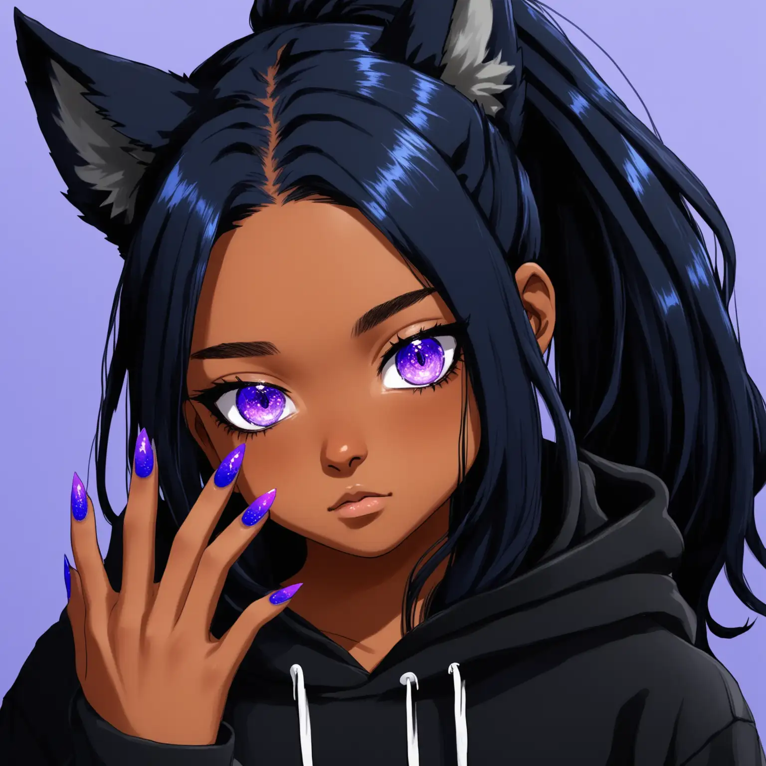 Brown Skinned Teenage Girl with Wolf Ears and Long Black Hair in Black Hoodie