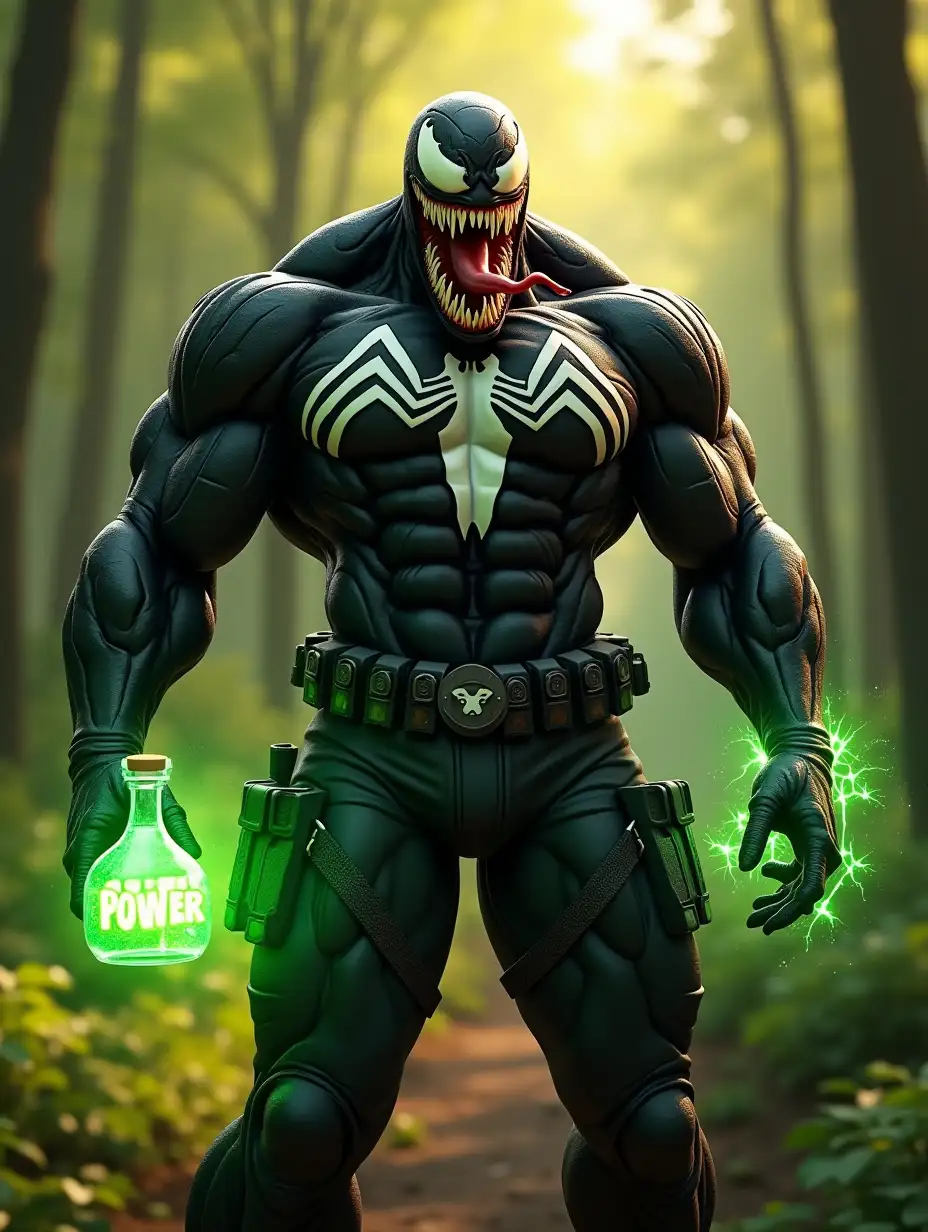 An ultra-realistic 3D render in 4K UHD of a muscular and menacing Venom standing in a forest path, holding a glowing green potion labeled 'POWER' in one hand and crackling with green energy in the other. Venom’s body is massive, with bulging muscles, black textured symbiote skin, and a glossy, organic appearance. His signature white spider emblem stretches across his chest, contrasting against the dark, sinewy texture of his body. He has sharp, jagged teeth and an elongated tongue, grinning wickedly with glowing red eyes. The green energy crackles and surges through his arm, illuminating the surrounding environment. The potion in the glass flask emits a bright neon glow, and small droplets float out, creating a mysterious and powerful aura. The background is a lush, green forest path, slightly blurred, with warm sunlight filtering through the trees. His black tactical pants are detailed with fabric textures, belt buckles, and pouches, giving a battle-ready appearance. The lighting is dramatic, with shadows enhancing his intimidating physique while the glowing green elements cast a powerful contrast. The camera angle is slightly low, emphasizing his dominance and raw power, with a cinematic depth-of-field effect for added realism.