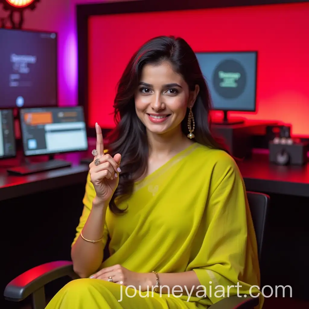 Beautiful-Pakistani-Woman-in-YouTube-Studio-Wearing-Lemon-Lime-Saree