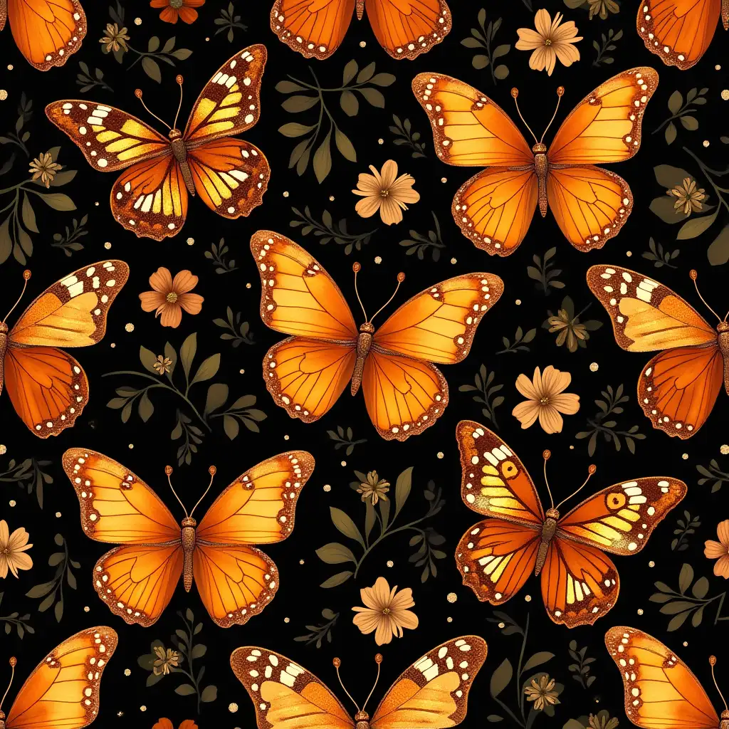 A seamless design featuring vibrant orange butterflies with detailed wings, surrounded by golden glitter, leopard print patterns, and delicate tropical flowers. The background blends warm brown and black tones with glowing sparkles, creating a luxurious and stylish aesthetic. seamless design