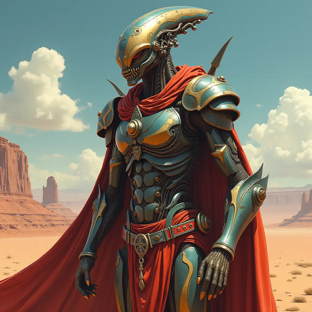 Hyperrealistic portrait of a gpanzerter metal alien king 10 meters tall with the elaborately detailed, colorful desert planet background