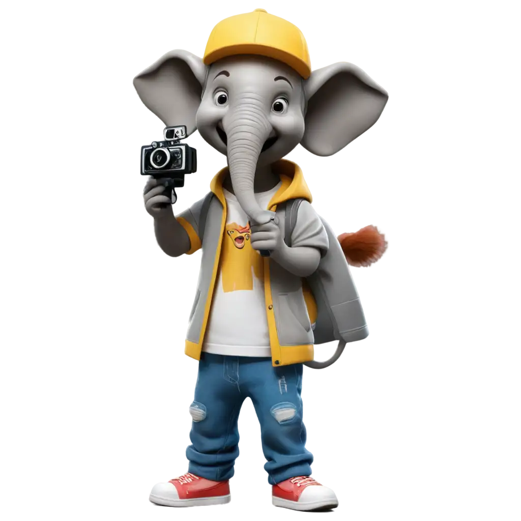 Animated-Elephant-in-Hip-Hop-Clothes-Holding-a-Movie-Camera-PNG-HighQuality-Image-for-Creative-Projects