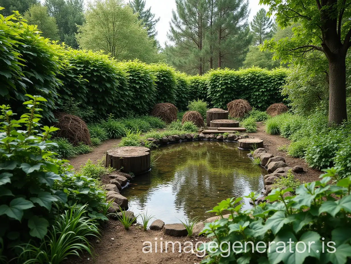 ecological garden in permaculture with hedgerow, pile of branches, compost, pond, birdhouse