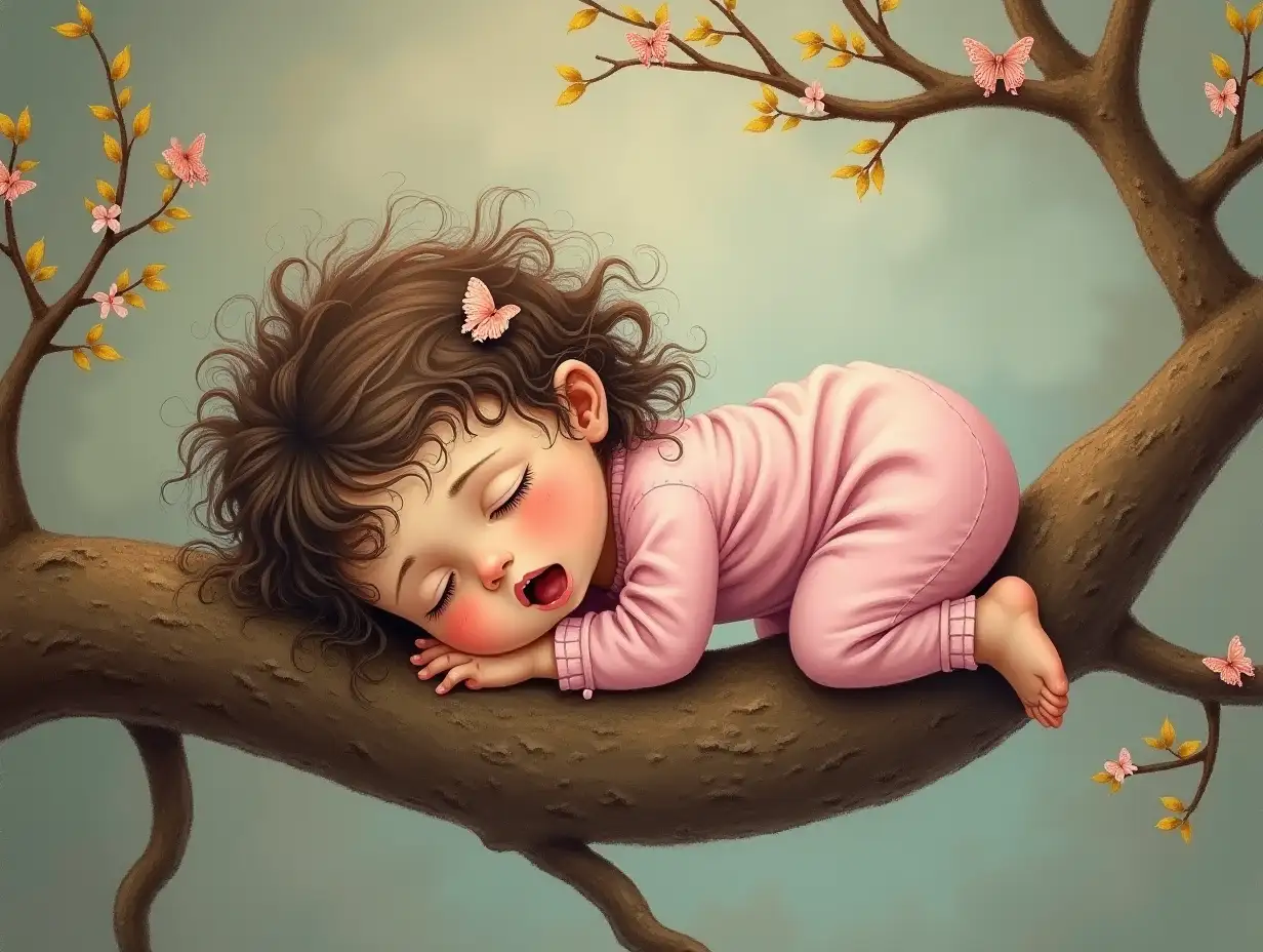 A cute chubby little girl with messy hair decorated with little butterflies is sleeping peacefully on a tree branch. She is dressed in light pink pajamas and is yawning. The scene should be done in an oil painting style, with rich, textured brushstrokes, giving it the classic look of a hand-painted painting. The details of the branch, her hair and butterflies should have a soft, realistic texture, creating a warm, whimsical and serene atmosphere.