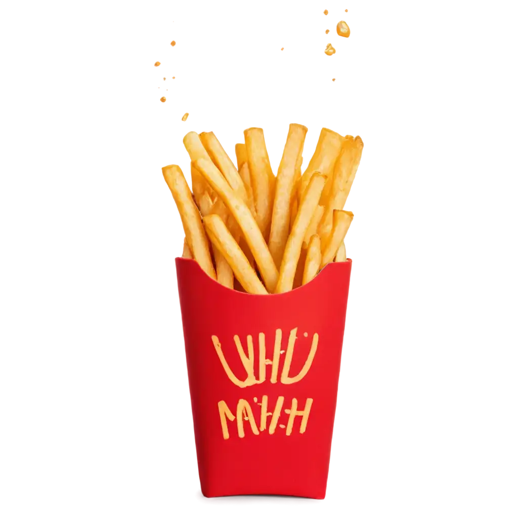 A playful and artistic design of golden, crispy French fries served in a red carton, with ketchup splashes and fun typography.