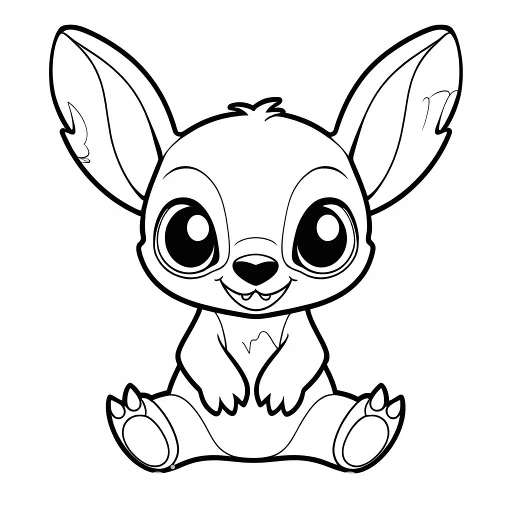 stitch character, Coloring Page, black and white, line art, white background, Simplicity, Ample White Space. The background of the coloring page is plain white to make it easy for young children to color within the lines. The outlines of all the subjects are easy to distinguish, making it simple for kids to color without too much difficulty