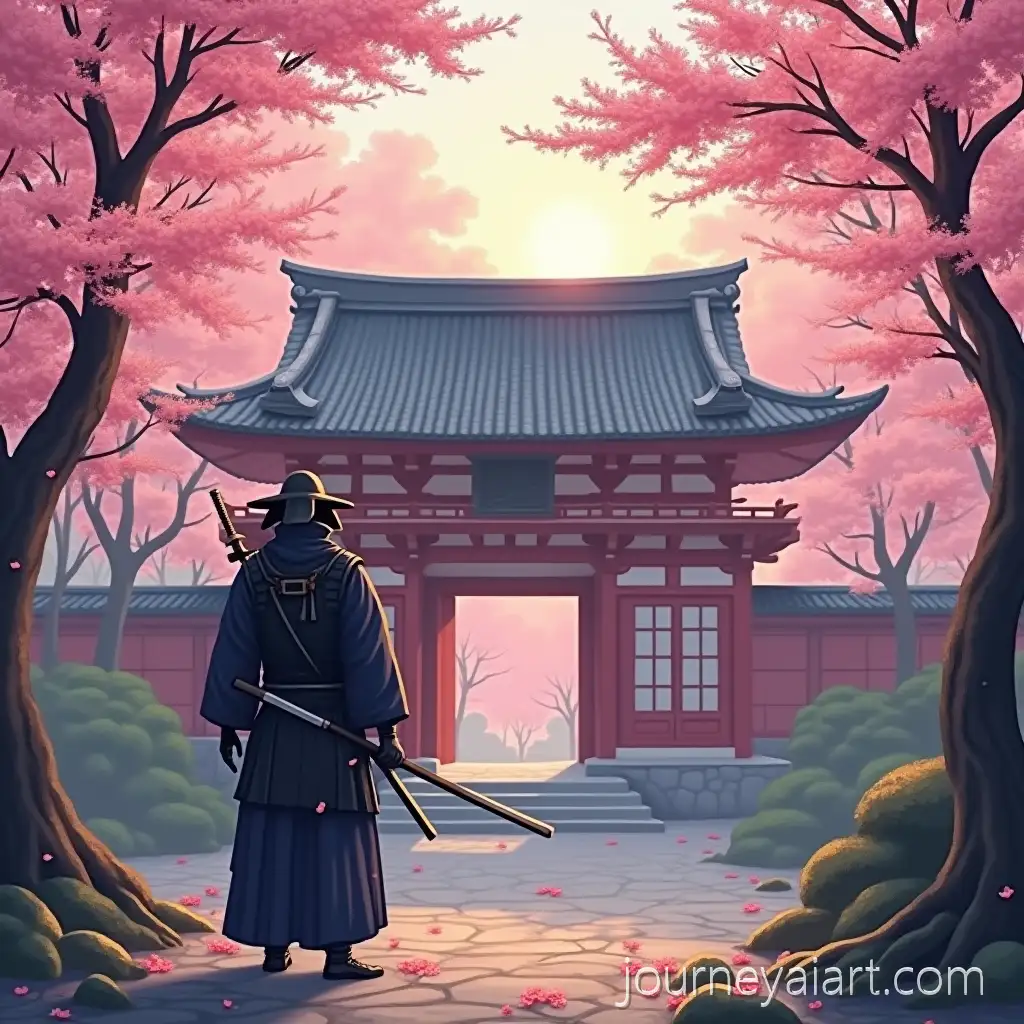 Samurai-in-Cherry-Blossom-Forest-with-Japanese-Temple