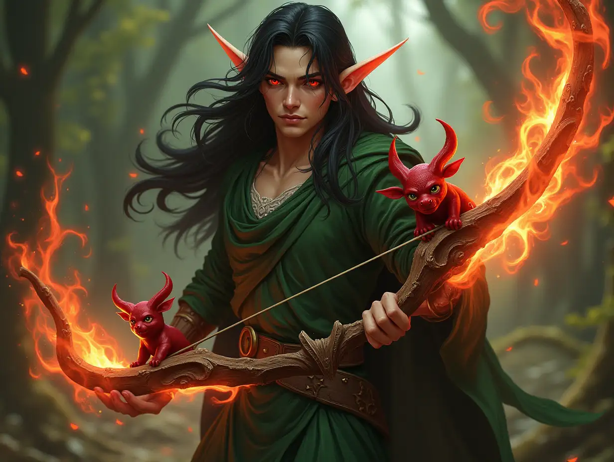 male elf with long black hair, red eyes, a bow that looks like a fire harp, green dress, with little devil wind creatures