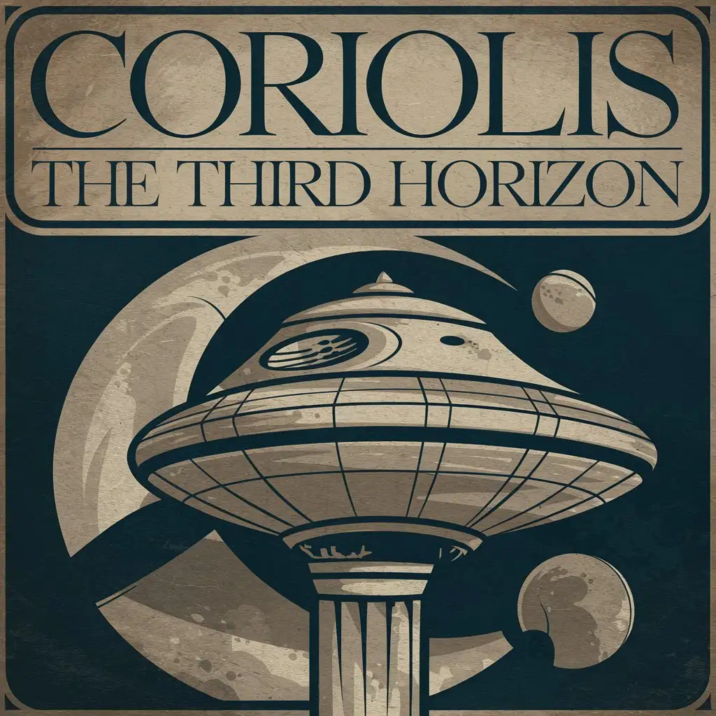 "Design a logo for a tablet-based companion app to 'Corioliis: The Third Horizon,' inspired by the Firefly TV series. Combine elements from both the Arabian nights and space western aesthetics while maintaining a clean, yet slightly worn and weathered appearance. The design should evoke a sense of adventure and mystery, and be easily recognizable even when displayed on smaller screens."