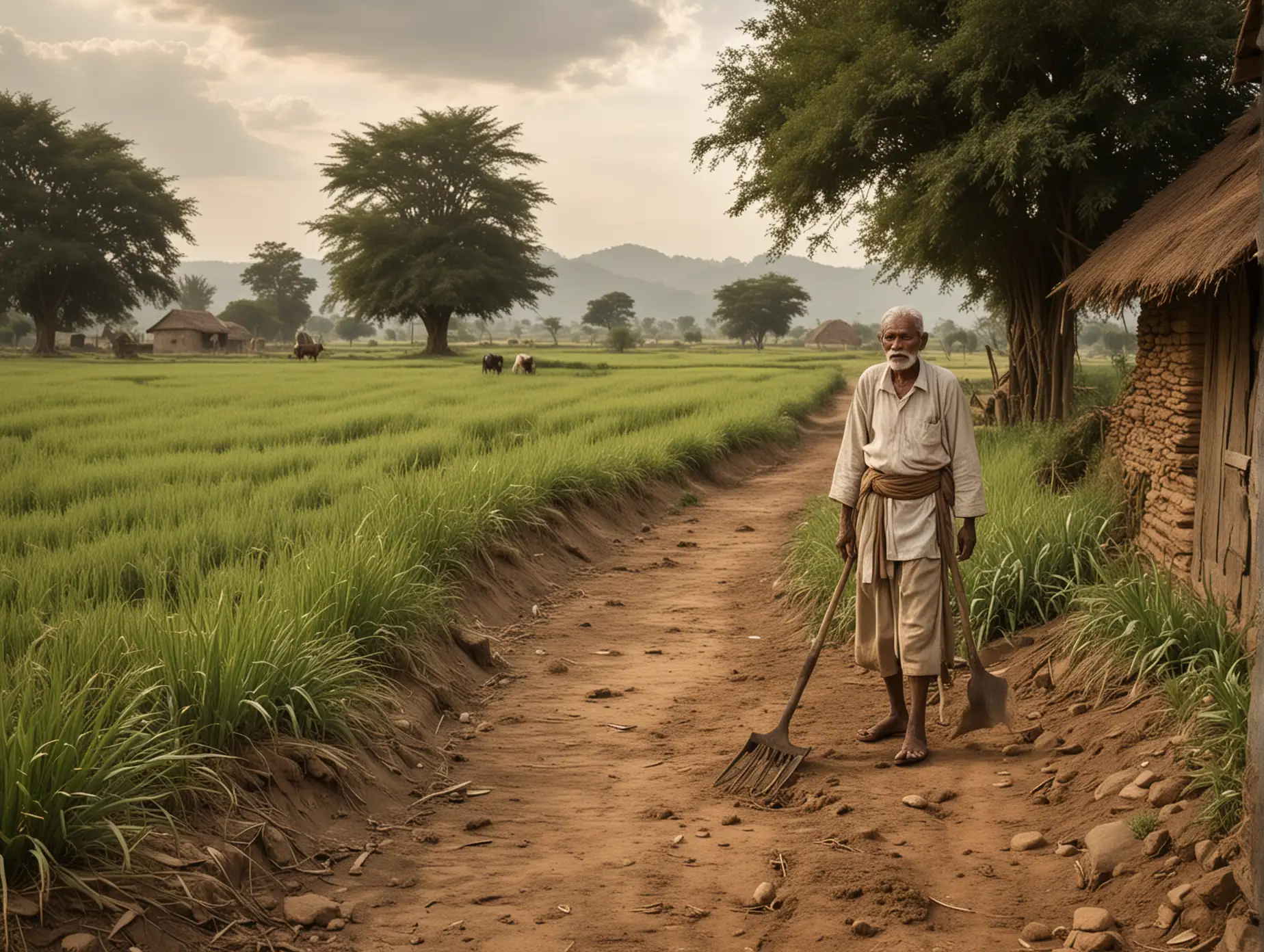 A peaceful, yet humble depiction of an Indian agricultural scene in a rural setting. The landscape features small, patchy fields of crops like rice or wheat, showing signs of wear and age. The fields are divided by narrow, dirt paths and bordered by low, crumbling stone walls. In the foreground, an old farmer, dressed in simple, worn-out traditional attire, tends to the crops with basic tools—a wooden plow or a sickle. His face shows signs of a hard life, but there's a peaceful and contented expression as he works.nA thatched-roof hut, aged and weathered, stands nearby, surrounded by a few scattered trees providing shade. The scene is set in the soft, golden light of early morning or late afternoon, with a gentle breeze rustling through the crops. In the background, you can see a few grazing animals—perhaps a thin cow or a pair of goats—adding to the simplicity of rural life.nThe sky is clear, with a few wisps of clouds, and the overall atmosphere is calm, reflecting the quiet perseverance and resilience of the farmer. Despite the evident poverty, the scene exudes a sense of tranquility and connection to the land.nStyle:nRealistic, with muted, earthy tones to capture the age and simplicity of the setting. The lighting should be soft and warm, emphasizing the peaceful, serene mood of the rural landscape.