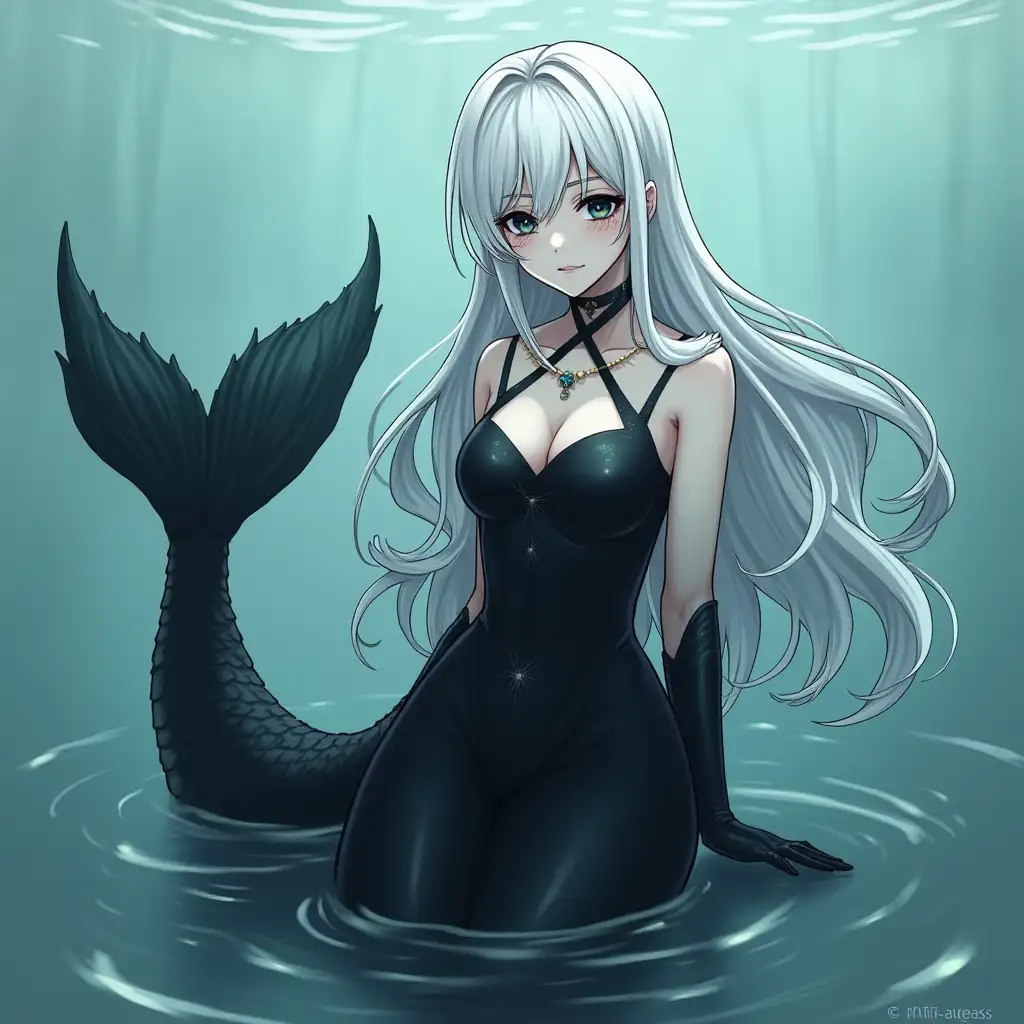 Mermaid, with dolphin tail, long tail, 2B, black eye patches, white hair, black dress, gothic, realistic