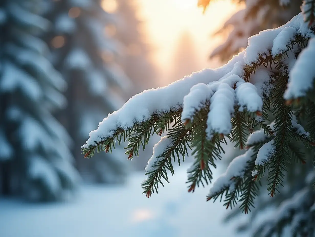 Beautiful evergreen fir tree branches covered with soft fluffy snow, close up at winter sunlight. Picturesque frozen landscape in coniferous forest. Idyllic untouched nature concept. Beautiful winter