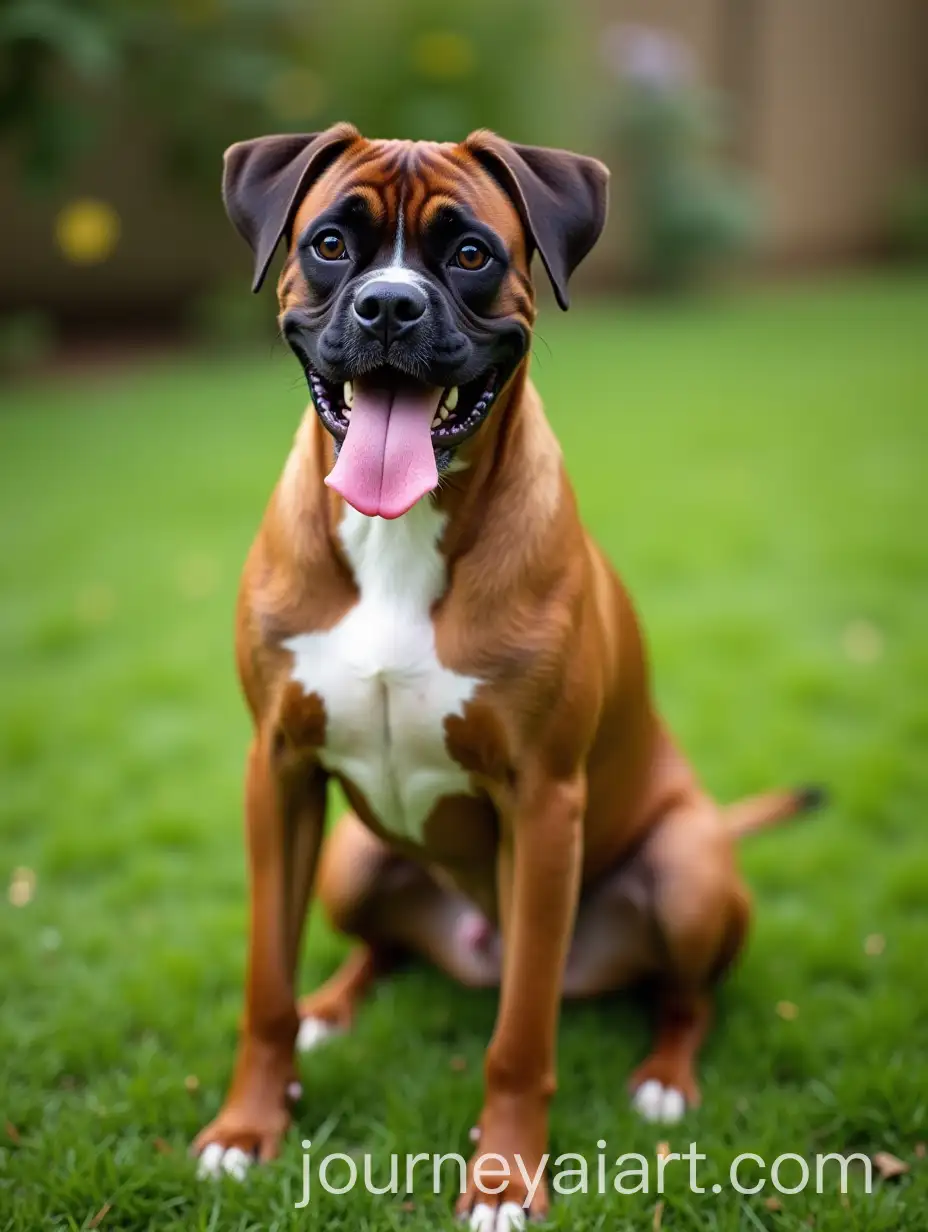 Tiger-Striped-Boxer-Dog-Sitting-on-Green-Lawn-with-Tongue-Out