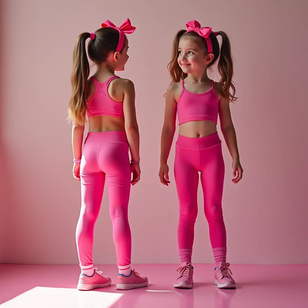 Two tween junior caucasian girls with centre partings and pigtails are wearing fluoresant pink lycra leggings and crop tops and matching  head bands with stunning MAD MIA socks in 8k . Hyper realistic.  Brightly lit room.