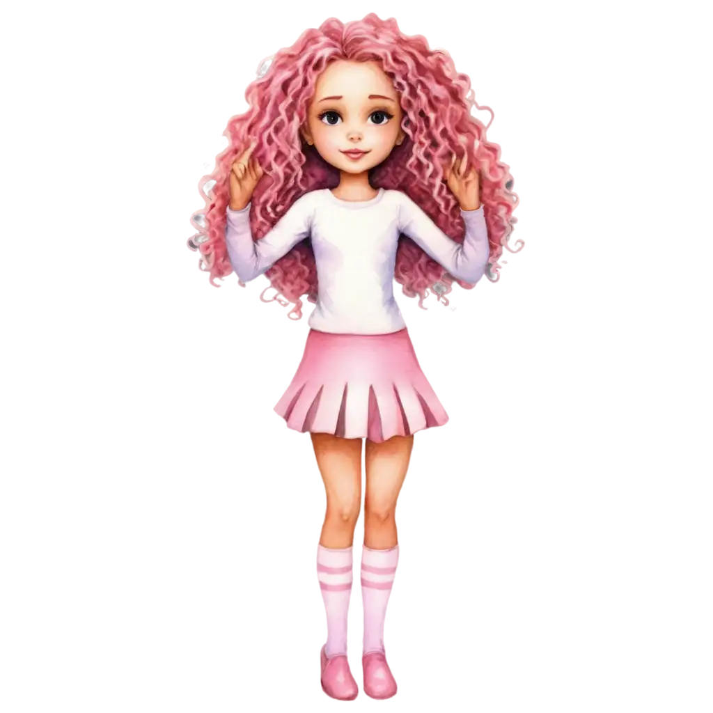 Charming-Doll-with-Long-Curly-Pink-Hair-in-Watercolor-PNG-Perfect-for-PastelThemed-Art-Projects