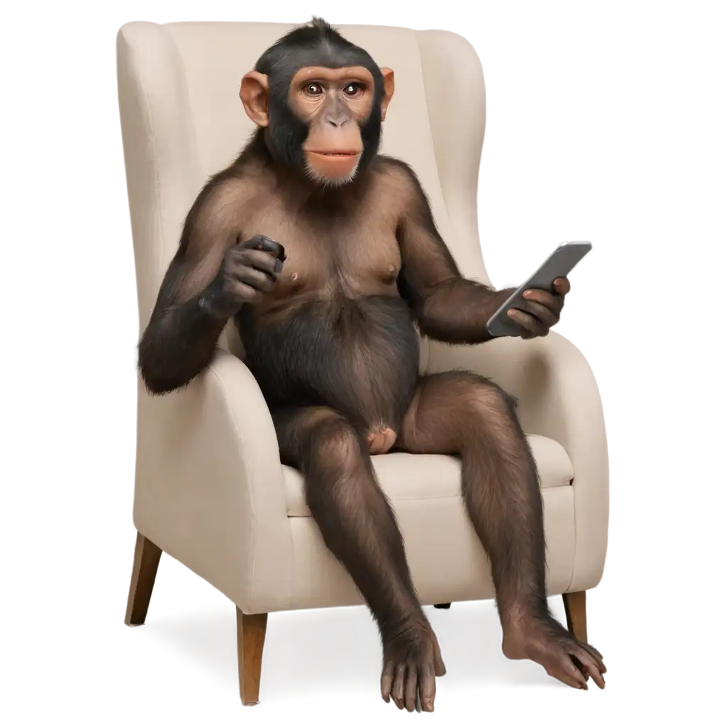 PNG-Image-Monkey-Sitting-in-Chair-Using-Mobile-with-Happy-Reaction