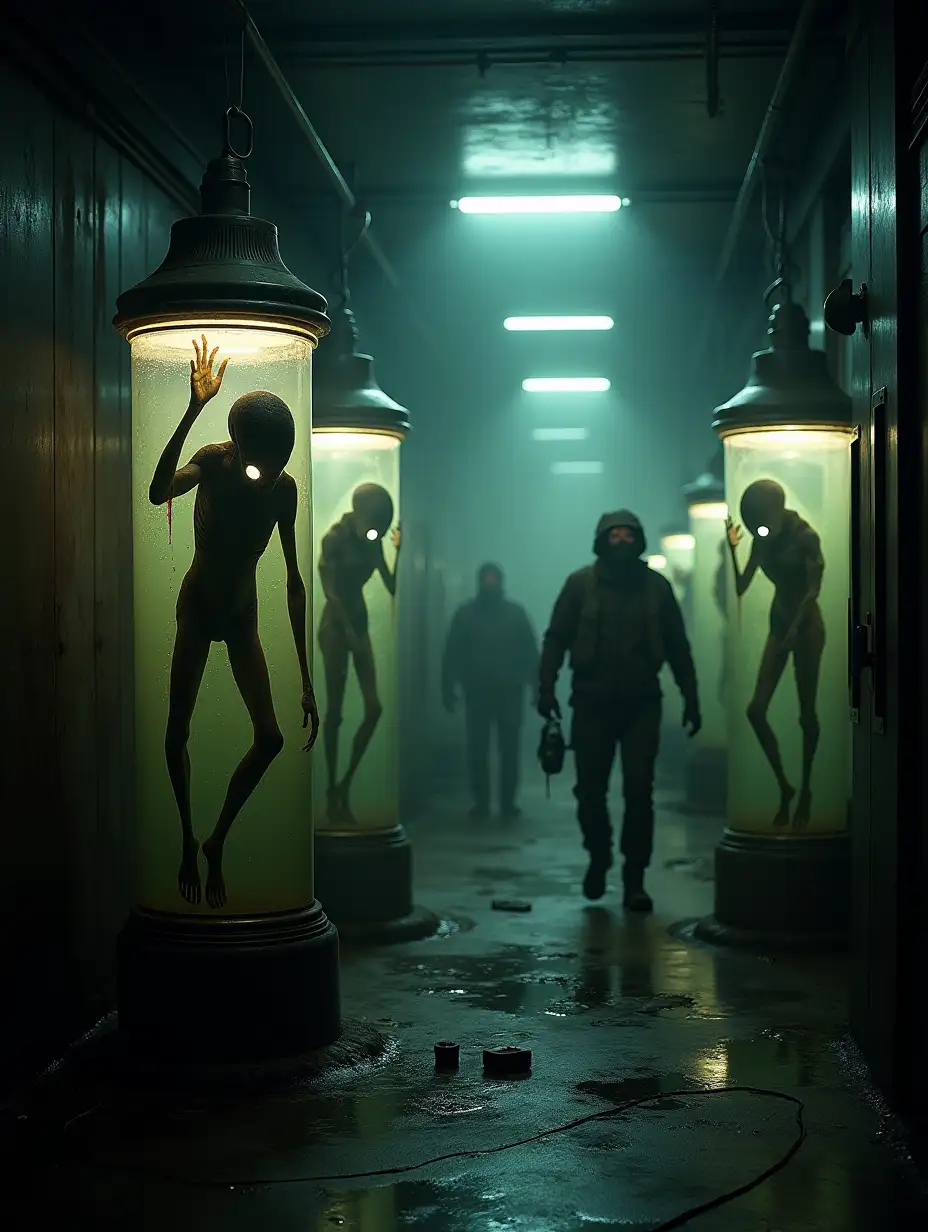 A hyper-realistic, ultra-high-definition depiction of an abandoned underground laboratory filled with disturbing, alien bio-experiments. The camera reveals several large containment tanks, each filled with thick, viscous liquid, where grotesque, deformed creatures float in suspended animation. These creatures, their bodies an unsettling fusion of human and alien features, have glowing eyes that seem to watch every movement, as if aware of their surroundings. The tanks are connected to a series of alien energy sources, pulsating faintly, adding an eerie glow to the otherwise dark and sterile environment. Suddenly, one of the tanks cracks, releasing a burst of the viscous liquid as the creature within begins to stir. The grotesque figure slowly emerges, its movements jerky and unnatural, the bright, otherworldly eyes glowing in the dark as it breaks free of its containment. The thick liquid drips from the tank, pooling on the floor as the creature begins to move, its form shifting and warping. The camera focuses on the panicked expressions of the explorers, illuminated by the harsh, cold lights of the lab, as they scramble to escape the growing chaos. The atmosphere is filled with a sense of overwhelming dread, the sterile, controlled environment now broken and filled with terror as the creatures begin to awaken. The unsettling juxtaposition of science fiction, horror, and the unknown creates a chilling scene of panic and danger.