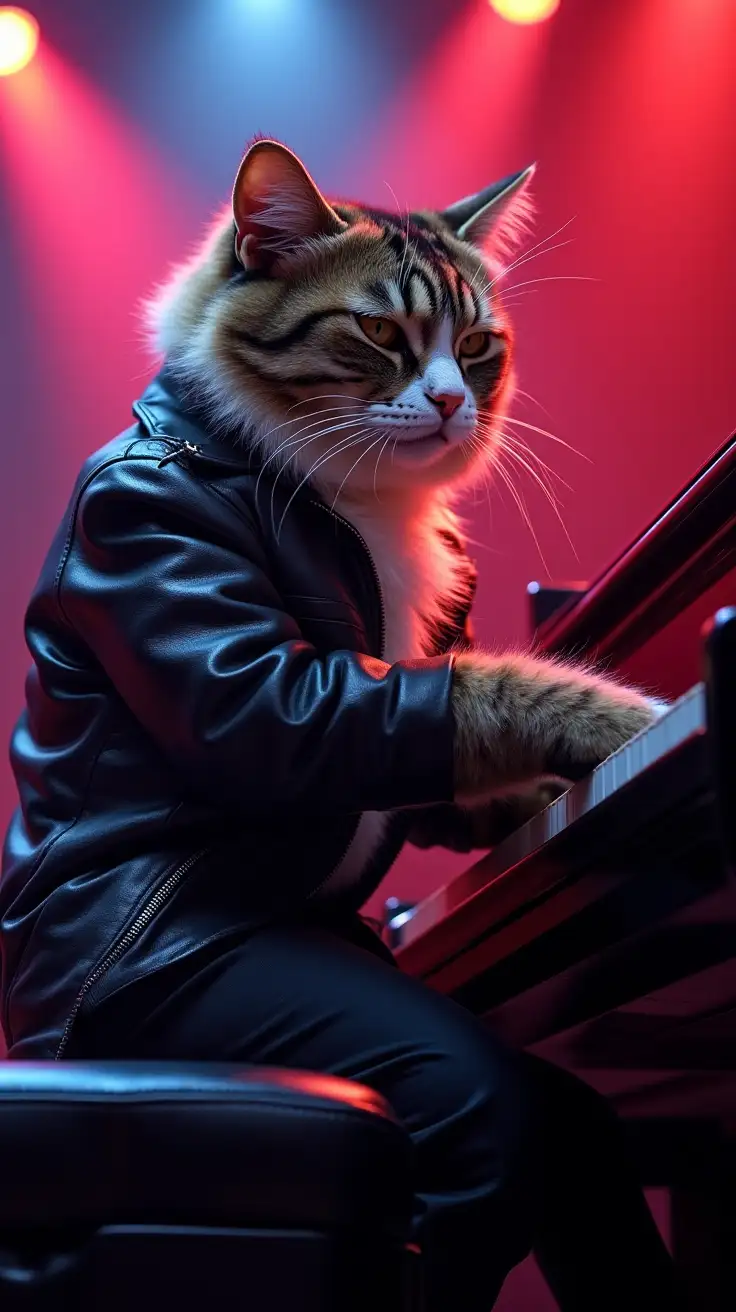 A charismatic rockstar cat, dressed in a black leather jacket, sitting confidently at a grand piano on stage. The cat’s paws glide across the keys, playing a powerful, energetic melody, while vibrant concert lights flash in the background, creating a high-energy rock show with a classical twist.