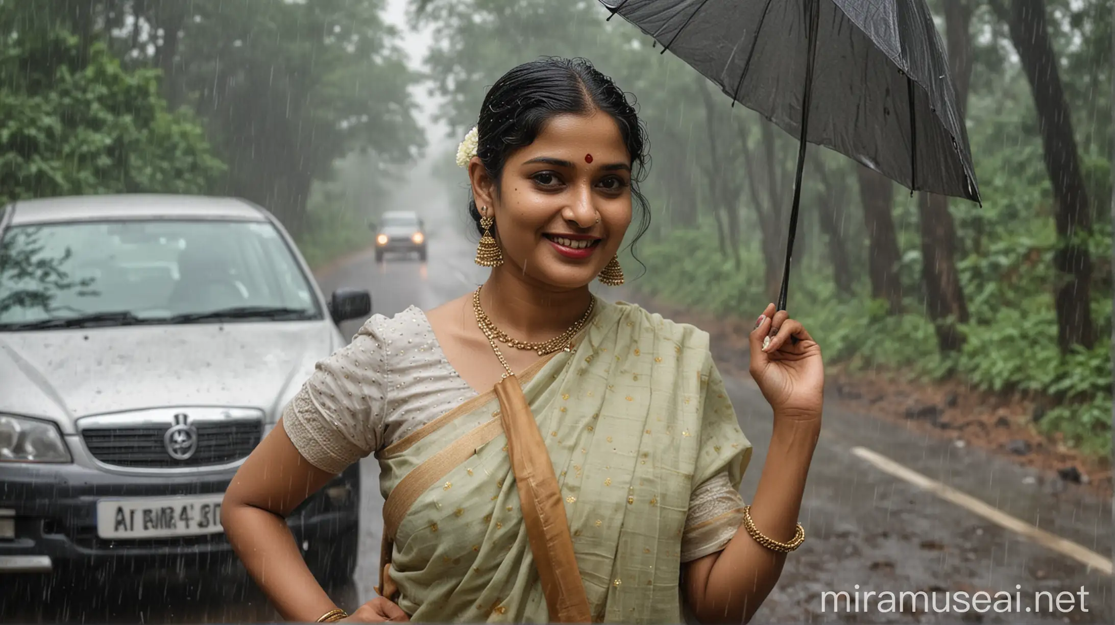 Mature Indian Woman in Vintage Saree Hitchhiking in Rainy Forest Highway