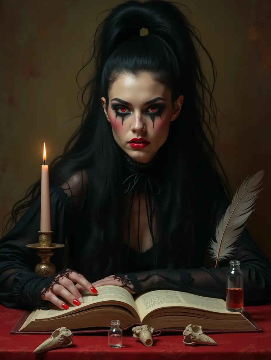 face portrait of brutal tricky witch woman, red eyes, high pony hairstyle, black make up, wild glance, sitting from table with books and magic stuff. close up. candles, bones of bird, feather, vials. autumn, gothic. gloss. juisy colours. wayne barlowe style. fantasy style. fine oil art. atmospheric. --ar 2:3