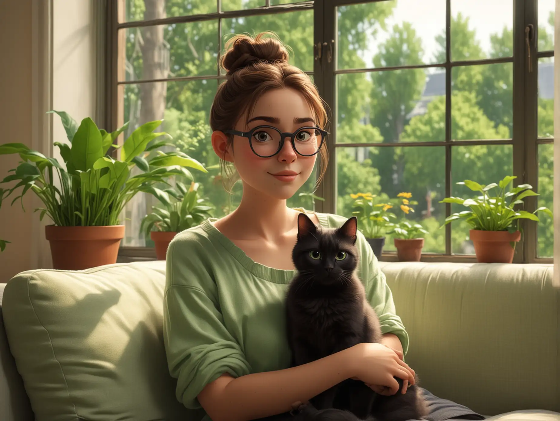 Woman-with-Glasses-Relaxing-on-Sofa-with-Two-Black-Cats-and-Green-Landscape