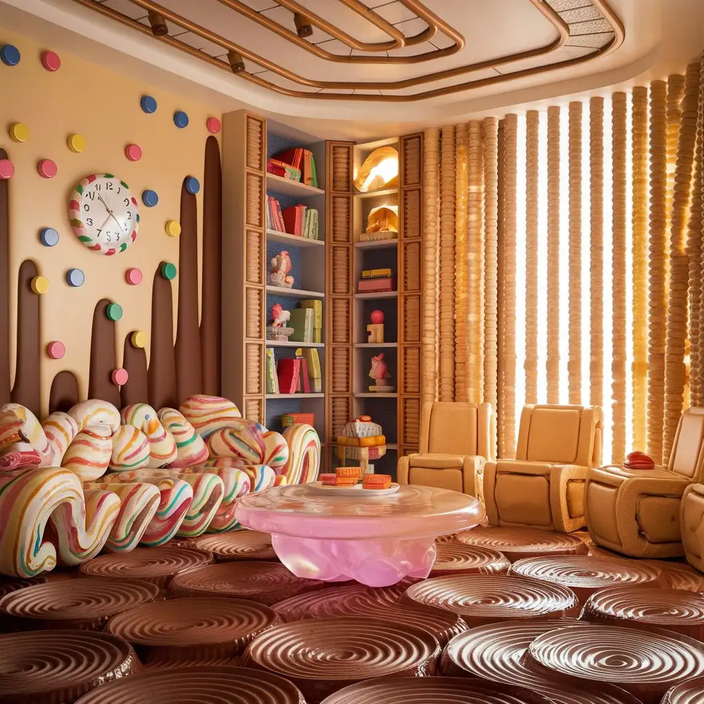 Draw a candy-themed interior of a house. The living room has a cozy sofa made of a large, squishy marshmallow with a lot of marshmallow features, next to a round coffee table made of translucent jelly, and chairs made of sandwich cookies. The candy walls are decorated with colorful fudge patterns, only a candy clock hangs on the wall, and the floor is covered with large slabs of lava chocolate with some texture. The curtain made of egg rolls, gently penetrates the natural light. The bookshelf is made of rectangular biscuits, and there are several jelly-shaped books on the bookshelf, and the crisp-tube lamp is next to the sofa. There are a few bookcases made of marshmallow, flowing a little cream, the room is full of sweet atmosphere, the overall style is full of Tong Qu and fantasy.